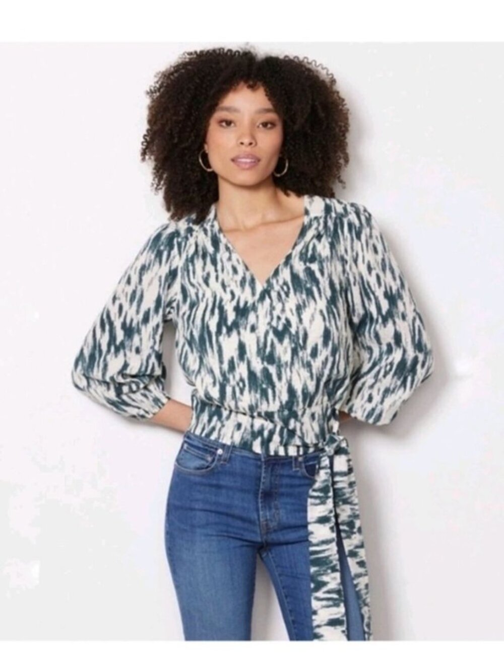 Evereve Carson Wrap Top Sz L Green Cream Ikat Print Balloon Sleeve Tie Front